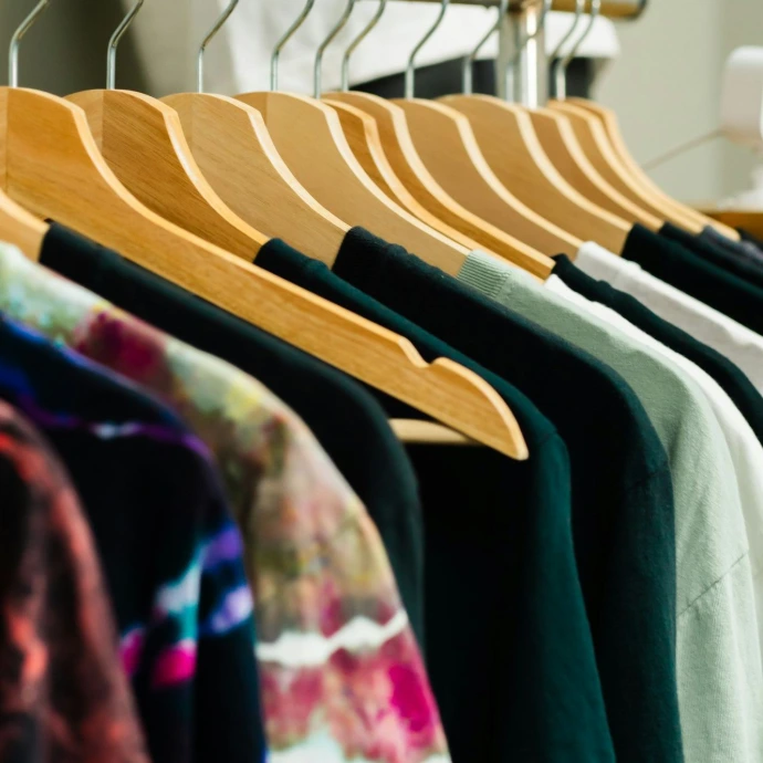 T-shirts on hangers in a retail display.